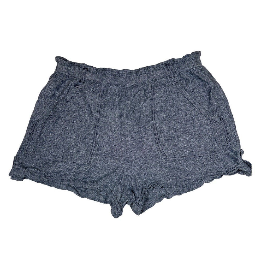 Blue Linen Blend Paperbag Waist Shorts XL 16-18 Button Tab Relaxed‎ Summer Basic